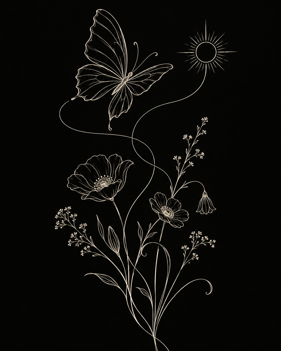 Ivory line art of a butterfly, sun, and wildflowers on black